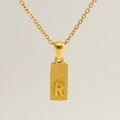 Golden rectangle pendant necklace with frosted finish and embossed letter R charm - Letter R