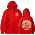 Front and back view of red hoodie with Forever Chasing Sunsets print and vintage sun graphics - Red