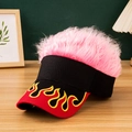 Black and red visor with yellow flame embroidery and pink synthetic wig top - Black + Pink Hair