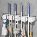 White wall-mounted mop holder with 4 grippers and 5 hooks for bathroom storage - 4 Clips 5 Hooks Ivory White