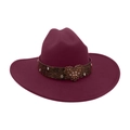 Deep wine red wide-brim felt hat with large heart-shaped rhinestone buckle and band - Burgundy