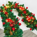 Christmas wreath with LED lights, red flowers, and pine cones on a white table - Style D (Classic Red Poinsettia) / 1.8m With LED Lights