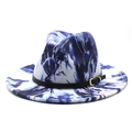 Unisex blue and white marble pattern wool felt fedora hat with black leather band and gold buckle - M (56-58cm) / Blue White Tie-Dye Marble Texture (04)