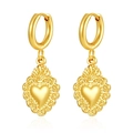 Polished 18K gold plated stainless steel heart dangle earrings with ornate filigree edge - Solid Heart (MS-682) / Gold