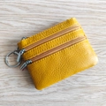 Yellow genuine leather coin purse with three zipper compartments and metal keychain - Gold Yellow
