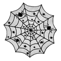 Detail of round black lace spider web tablecloth with decorative spiders and stars - Pentagram Round Tablecloth 102cm