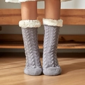 Grey cable-knit sherpa floor socks with white faux fur trim and non-slip soles - One Size / Cable Light Grey