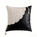 Luxe cushion cover with white plush and black faux leather patchwork and tassel detail - Black Leather with Faux Rabbit Fur and Rope Pillow Cover