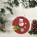 Close-up of wooden Christmas hanging plaque with buffalo plaid and snowman - Red Black Plaid Snowman