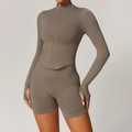 Ensemble sport côtelé sans couture pour femme avec veste à passe-pouce et short café - S / Haut Et Bas / Ensemble 2 Pièces (Veste+Short) / Marron
