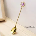 Golden coffee spoon with a purple fluorite gemstone pendant on a long handle - Purple Fluorite Spoon - Gold