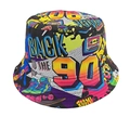 Close-up of retro 90s graffiti bucket hat featuring boombox and roller skate patterns - Nostalgic 90s