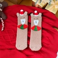 Brown coral fleece Christmas socks with 3D red hat and non-slip silicone grip for sleeping - Khaki Bear