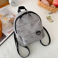 Mini grey corduroy backpack featuring casual smiley face prints and adjustable straps - Gray