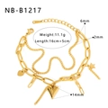Detail view of gold layered bracelet with heart and star charms showing size specifications - Multi-layer Heart Star Stackable (NB-B1217)