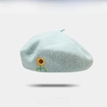 Light blue wool beret featuring a detailed sunflower embroidery in vintage style - Light Blue