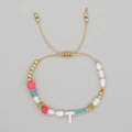 Bohemian pearl bracelet with letter T charm, golden stars, and pink beads decoration - Letter T Style (ZZ-B24061901T-F)