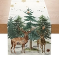 Détail d'un chemin de table de Noël en lin avec motifs de cerfs et de forêt de pins - 33cmx180cm / Renne de la Forêt d'Hiver (ZQ17-3)