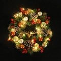Christmas wreath with LED lights, gold ornaments, pine cones, and deer head on black backdrop - H255/50 Wreath (With Light)