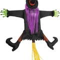Strega di Halloween per alberi con capelli viola, cappello nero e gambe a strisce - Righe Arancioni
