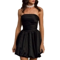 Elegant black strapless mini dress with glossy satin finish and puffy skirt silhouette - S / Black