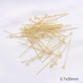 Golden DIY eye pins jewelry components in size 0.7x30mm on white background - Eye Pins / 0.7x30mm 50 Pieces / 14K Gold