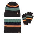 Winter Kinder Strickmütze Schal Handschuhe Set mit orange blauen Streifen in Dunkelbraun - 413 Kinder Armeegrün 3-Teiliges Set