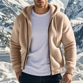 Giacca in pile beige da uomo con cappuccio, zip e tasche in un paesaggio innevato - S / Cachi