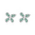 Detailed macro view of bow earrings with green crystals on a polished silver base - Platinum Green Zirconia