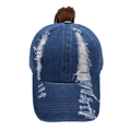 Deep blue denim ponytail baseball cap featuring distressed holes and crossover opening - Crossed Open Design / Dark Blue Single Cross Ponytail Hole