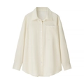 Detail of cream corduroy shirt featuring lace embroidery on pocket and cuffs - Pale Yellow Top