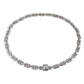 Detail view of silver H-link chain necklace with crystal-encrusted square clasp - Steel Necklace