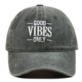Detail of Good Vibes Only white embroidery on charcoal grey washed vintage cotton cap - One Size / Army Green
