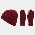 Détail d'un ensemble bonnet rayé bordeaux et gants tactiles avec écussons en cuir marron - Bordeaux