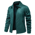 Detail of dark green suede jacket featuring lapel collar, front zipper, and size label - S / Green