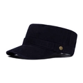 Navy blue washed cotton flat top military cap with vintage metal button and side strap - Navy Blue