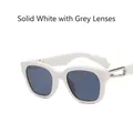 Solid white square sunglasses with grey lenses and silver metal buckle hardware - Solid White Frame Gray Lens