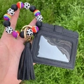 Detail of colorful silicone beaded keychain bracelet with faux leather card wallet - Black