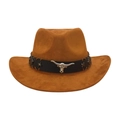 Brown suede western cowboy hat featuring a silver bull head emblem and leather band - One Size / Khaki