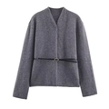 Dark grey short wool coat for women with V-neckline and black thin belt with gold buckle - S / Gray