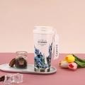 White stainless steel coffee tumbler with blue flower pattern and portable carry strap - Summer Iris
