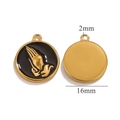 Detailed size view of a 16mm round stainless steel pendant with praying hands motif - Black
