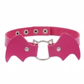 Detailed view of pink PU leather bat wing choker with metal cat ring and adjustable snaps - Rose Red