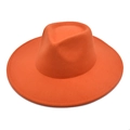 Detail of a bright orange wool felt jazz hat with reinforced brim stitching for autumn - M (56-58cm) / Orange