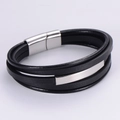 Mens multi-layer black PU leather bracelet with polished silver magnetic clasp closure - Steel Color Magnetic Buckle