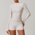 Slim fit long sleeve zip-up yoga jacket with thumb holes in off-white performance fabric - S / Tops / Grayish White