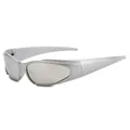 Silver Y2K shield sunglasses with futuristic wraparound frames and grey lenses - Silver