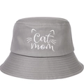 Detail of white Cat Mom embroidery and stitching on light gray cotton bucket hat - Adjustable / Gray