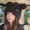Black knitted beanie hat with cute bear ears and woven label for winter warmth - Bear Label-Black