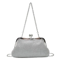 Elegant silver rhinestone evening clutch bag with metal chain strap and kiss lock - Silver